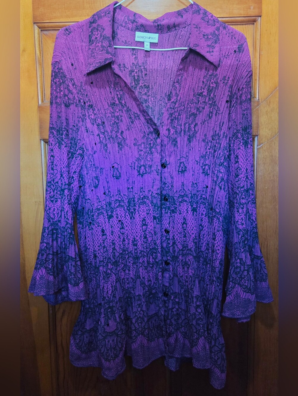 Vintage Y2K Fashion Bug Purple Black Lace Print Plisse Blouse 4X (Runs Small)